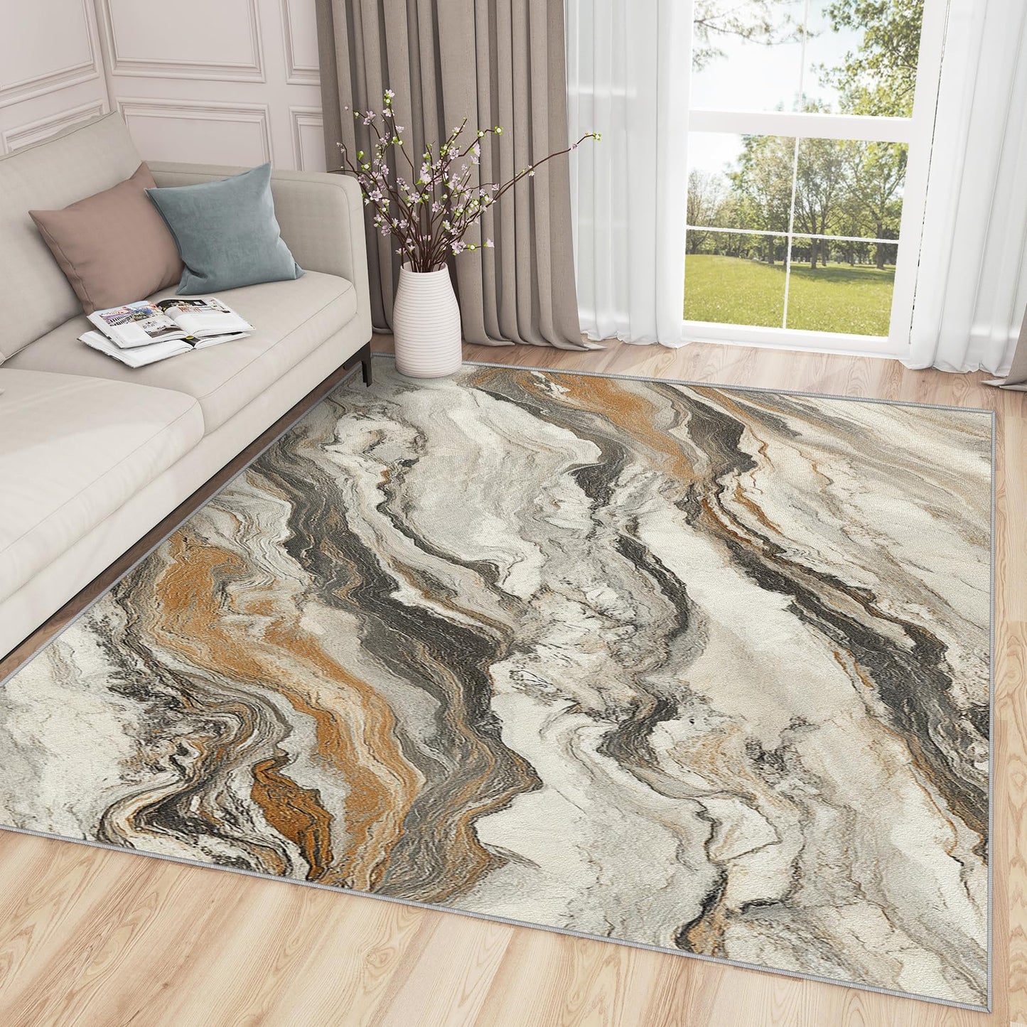 Aquailis Marble Rugs for Living Room - Marble Swirl Rug, 3x4 Rug, Modern Abstract Area Rug, Contemporary Washable Non Slip Rugs, Beige Luxury Carpet - Home Decor, Modern Gifts for Women