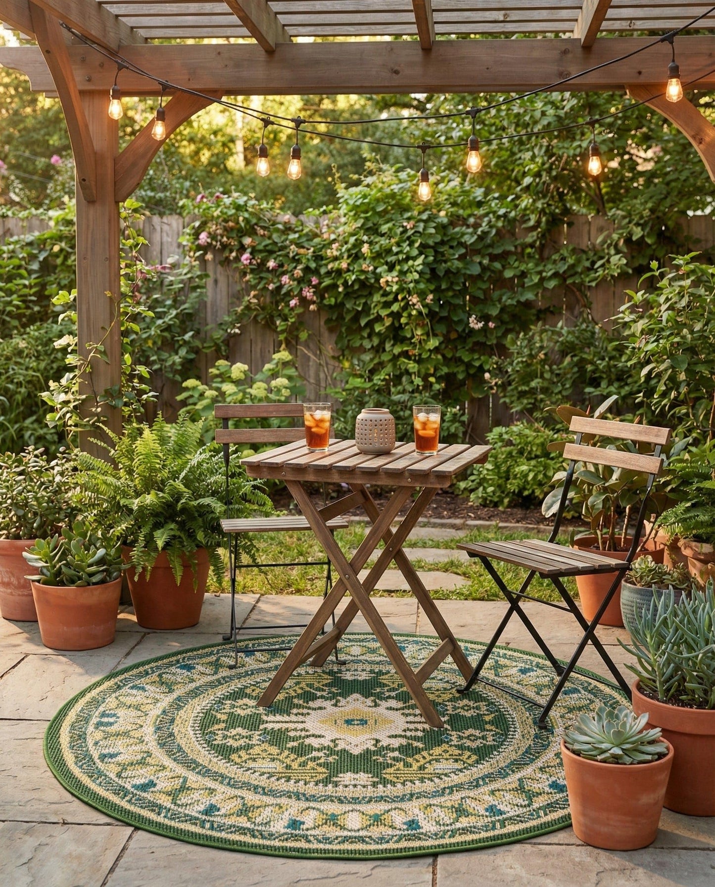 Rugs.com Baja Outdoor Collection Rug – 4 Ft Round Green Medium-Pile Rug Perfect for Kitchens, Dining Rooms