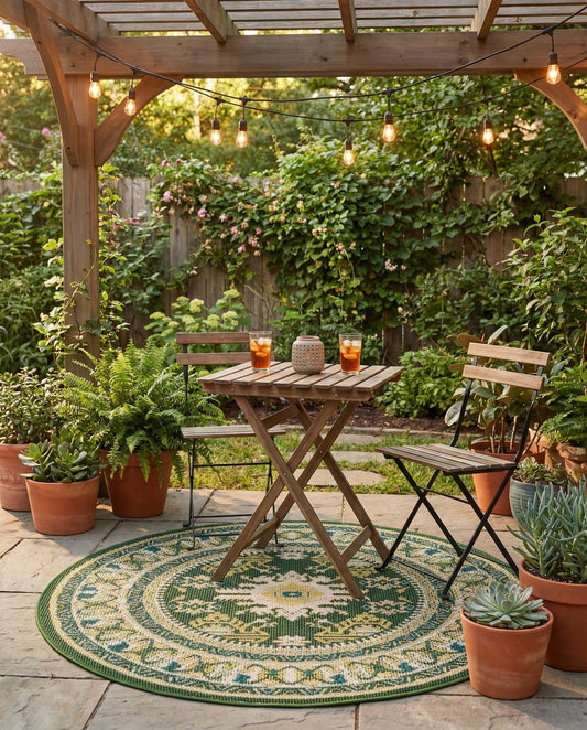 Rugs.com Baja Outdoor Collection Rug – 4 Ft Round Green Medium-Pile Rug Perfect for Kitchens, Dining Rooms