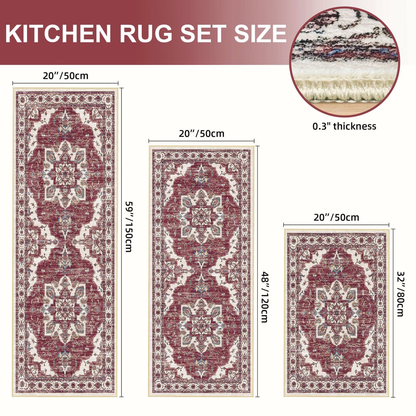 Tritard Non Slip Kitchen Rugs Sets of 3 Washable Kitchen Rug Boho Kitchen Mats for Floor Soft Kitchen Runner Rug Non Skid Kitchen Floor Carpet for Entryway Hallway Laundry Room, Brick Red