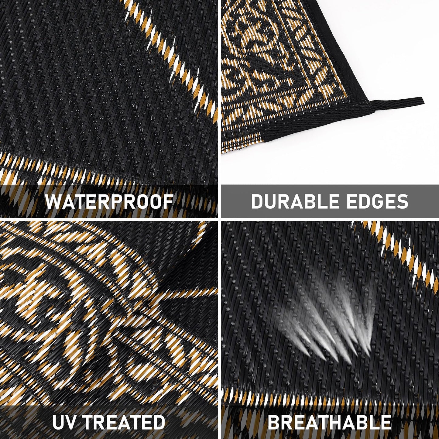 HiiARug Outdoor Rug 8'x10' for Patios Waterproof Patio Rugs Outdoor Mats for Front Porch,Beach Mat,Reversible Plastic Straw Camping Rugs for Outside RV,Deck,Balcony,Backyard，Black&Beige