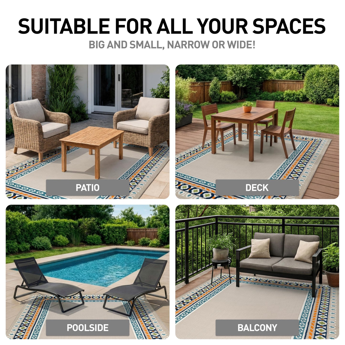 Rugshop Indoor/Outdoor High-Low Textured Area Rug, Coastal Border, Easy-Clean Patio Rug for Porch Deck Balcony 7' 10" x 10' Multi