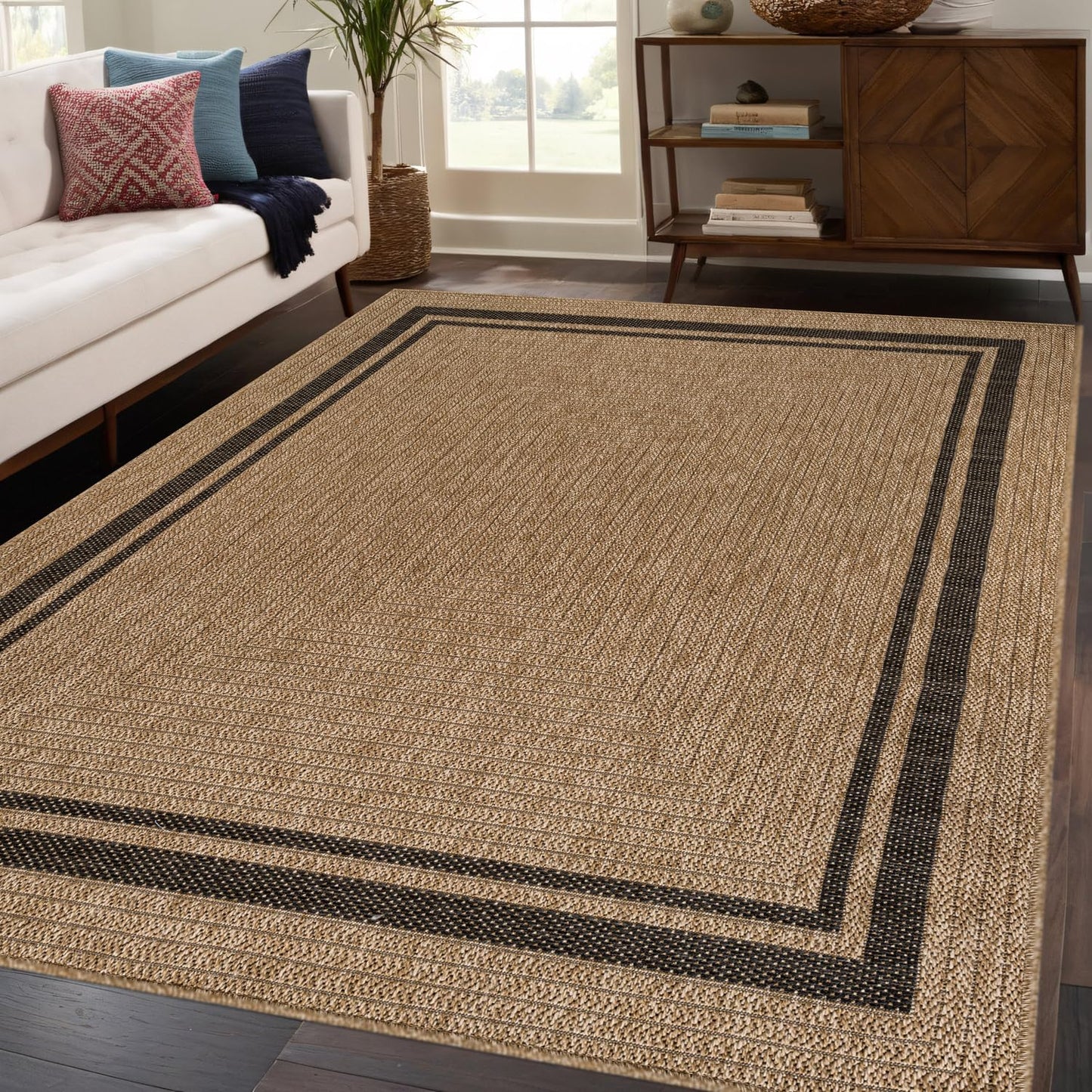 Beverly Rug Easy Jute Bordered Rug 6x9 Washable Durable Indoor Outdoor Area Rugs for Living Dining Room Patio Office Stain Resistant Non Shedding Casual Indoor Outside Carpet 6 x 9 Natural