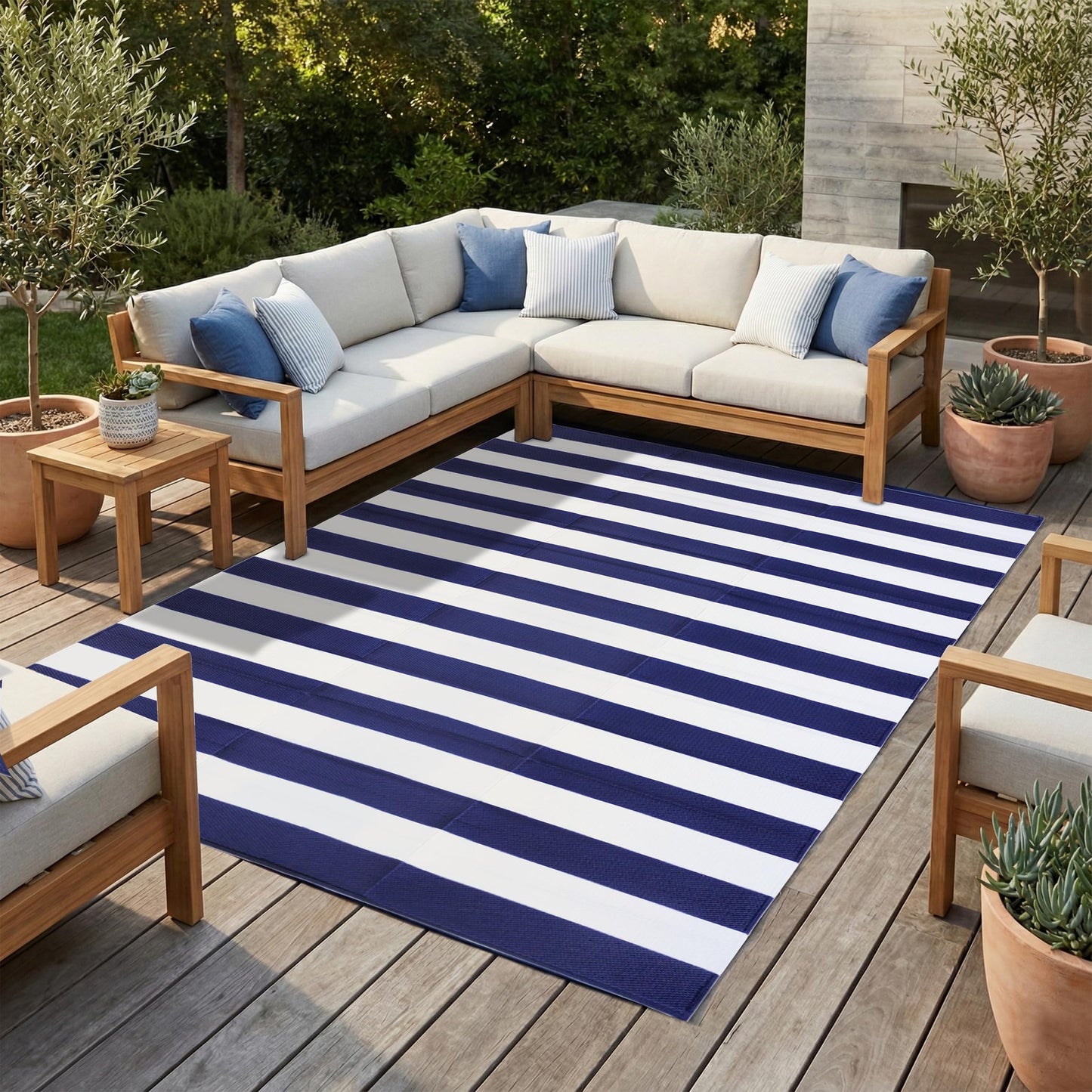 FH Home Outdoor Camping Rug - Waterproof, Fade Resistant, Reversible - Premium Recycled Plastic - Striped - Large Patio, Deck, Sunroom, RV - Brittany Stripe - Blue & White - 9 x 12 ft Foldable