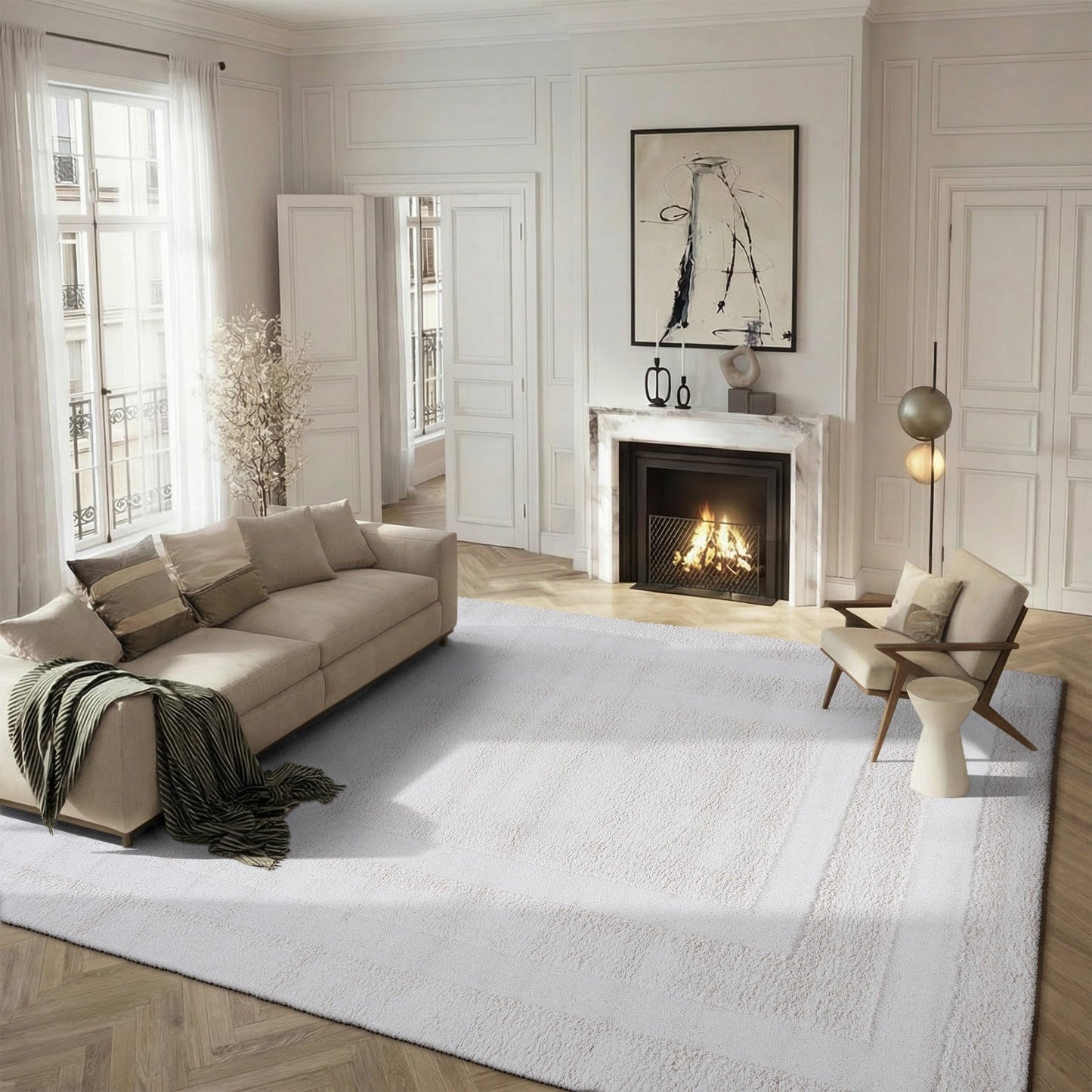 SAFAVIEH Florida Shag Collection Area Rug - 8'6" x 12', Creme & Creme, Border Design, Non-Shedding & Easy Care, 1.2-inch Thick Ideal for High Traffic Areas in Living Room, Bedroom (SG454-1111)