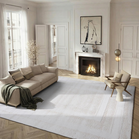 SAFAVIEH Florida Shag Collection Area Rug - 8'6" x 12', Creme & Creme, Border Design, Non-Shedding & Easy Care, 1.2-inch Thick Ideal for High Traffic Areas in Living Room, Bedroom (SG454-1111)