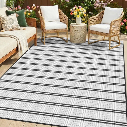 KANAGAWA Outdoor Rug Waterproof, 5x8 ft Reversible Plastic Straw Braid Rug Outdoor Carpet RV Mat for Patio, Porch, Picnic, Balcony, Deck, Backyard, Blue & White