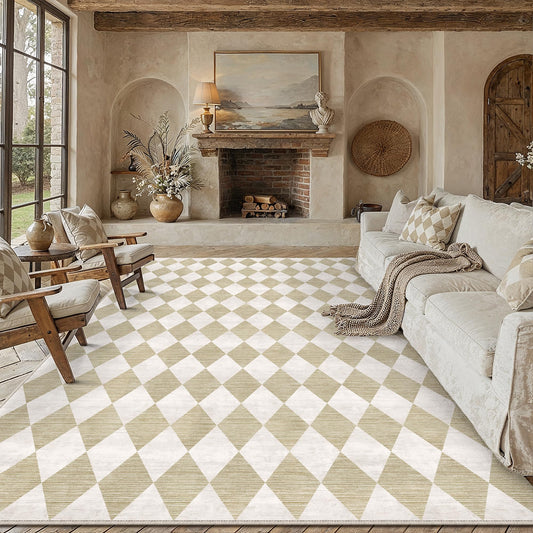 WondRg 8x10 Checkered Beige Area Rug for Living Room Bedroom Washable Soft Modern Non Slip Large Throw Rug Lightweight Low Pile Neutral Carpet Dining Room Office Classroom Nursery Playroom