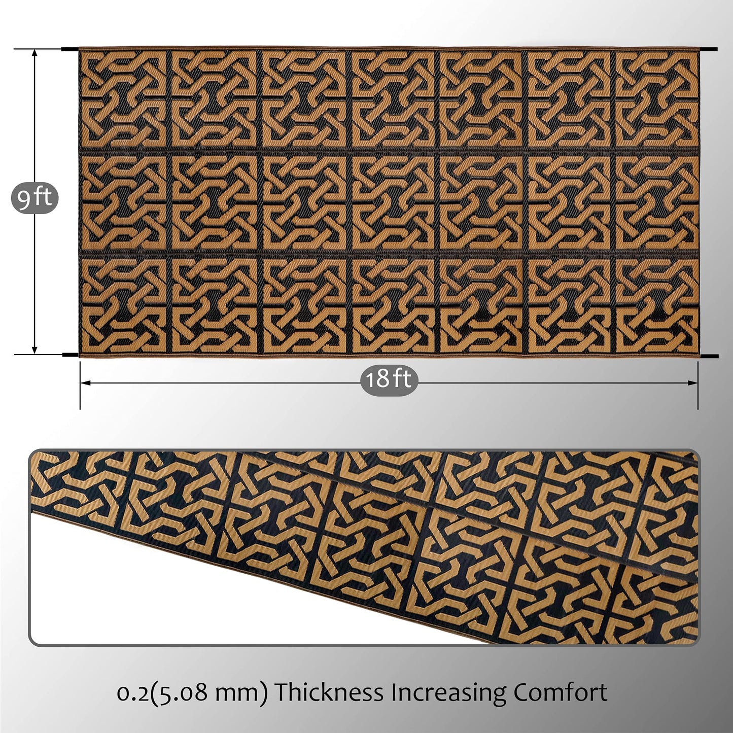 SAND MINE Reversible Mats, Plastic Straw Rug, Modern Area Rug, Large Floor Mat and Rug for Outdoors, RV, Patio, Backyard, Deck, Picnic, Beach, Camping, Trailer, Black & Brown, 9' x 18'