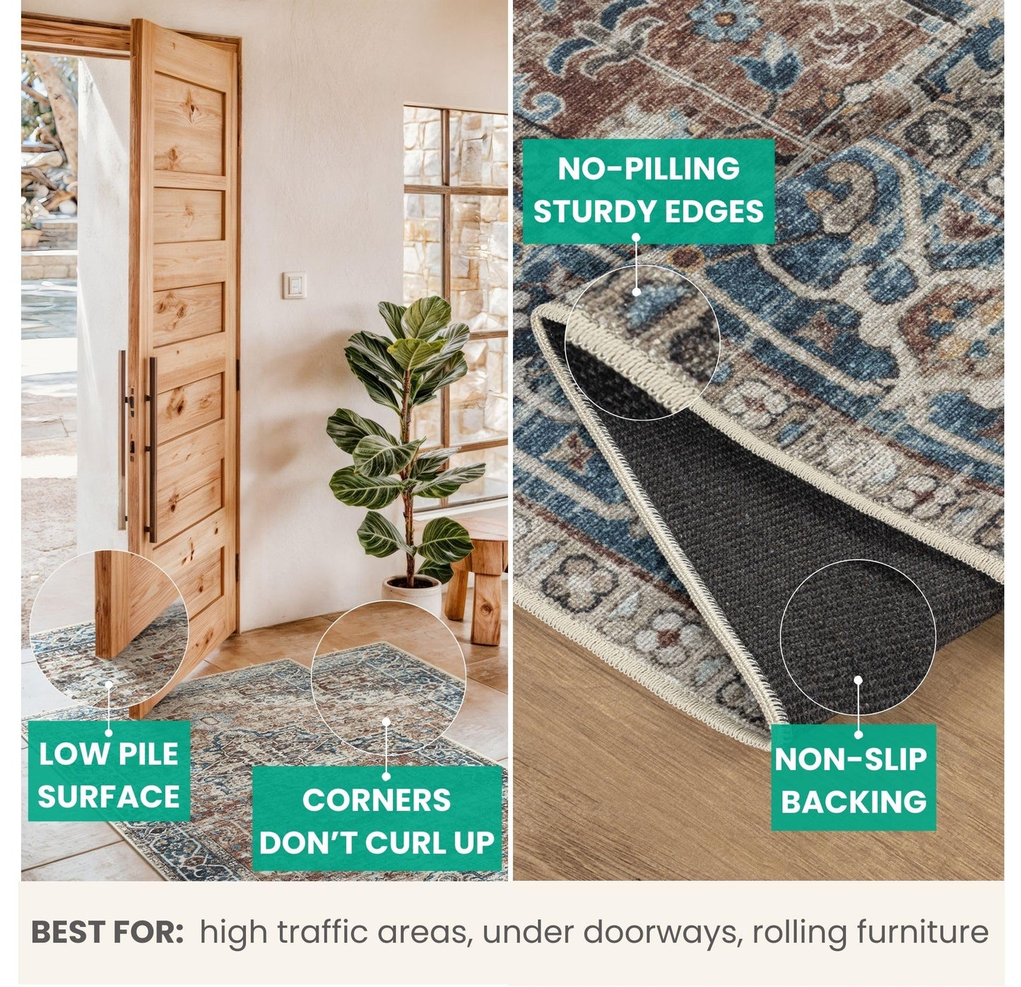 Bloom Rugs Caria Washable Non-Slip 4x6 Rug - Terracotta/Blue Traditional Area Rug for Living Room, Bedroom, Dining Room, and Kitchen - Exact Size: 4' x 6'
