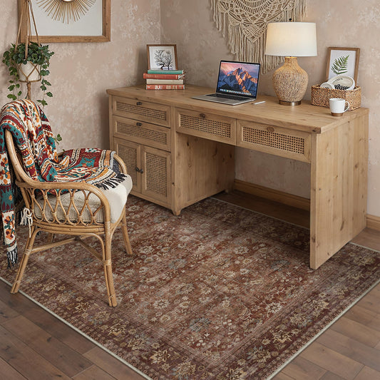 HUGEAR 4x6 Machine Washable Rugs Brick Red Hallway Area Rug Indoor Accent Rug Floral Low Pile Carpet Soft Throw Rug Bedroom Living Room Office Dining Room Kitchen Laundry Room Non Slip