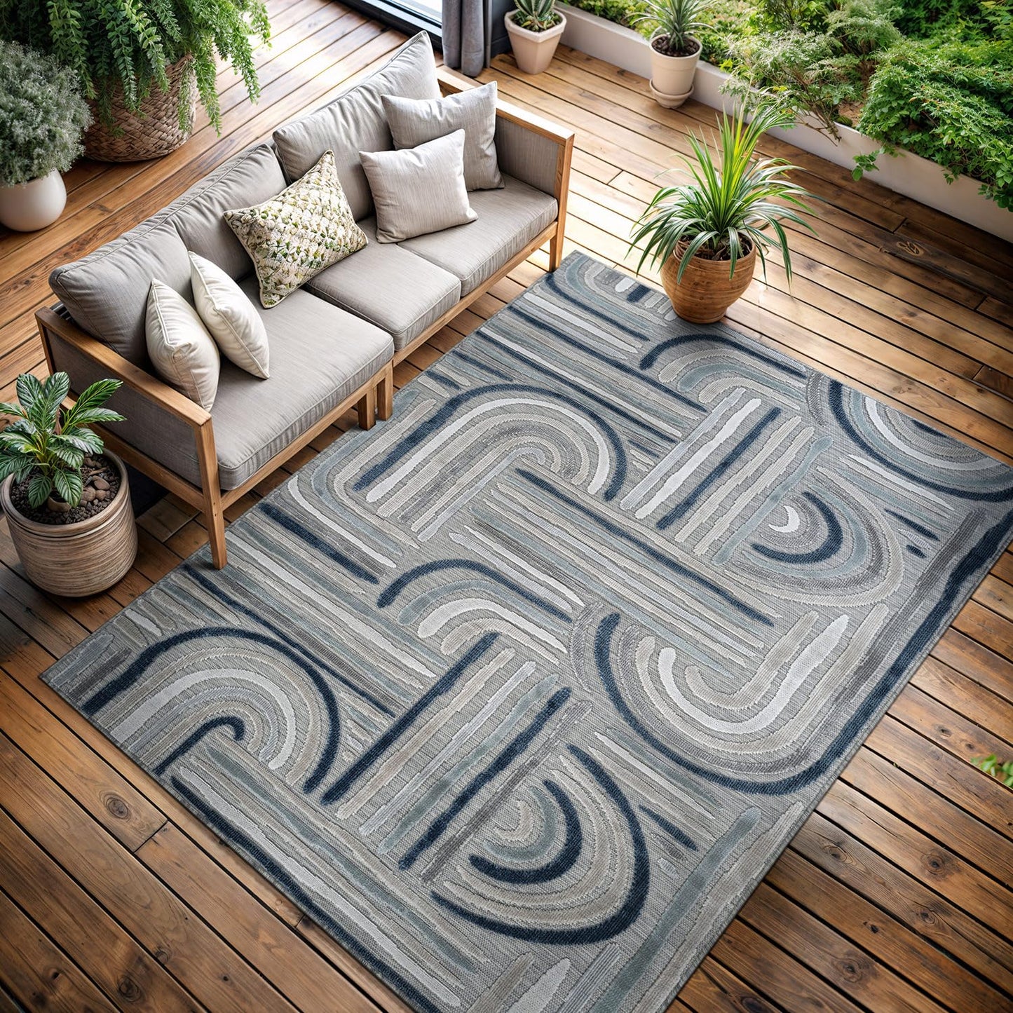 CAMILSON Indoor Outdoor Rug, Blue 9x12 Geometric Arch Striped Large Area Rugs for Patio and Home Areas, Easy-Cleaning Non-Shedding Living Room, Garden and Deck Washable Outside Carpet (9 x 12)