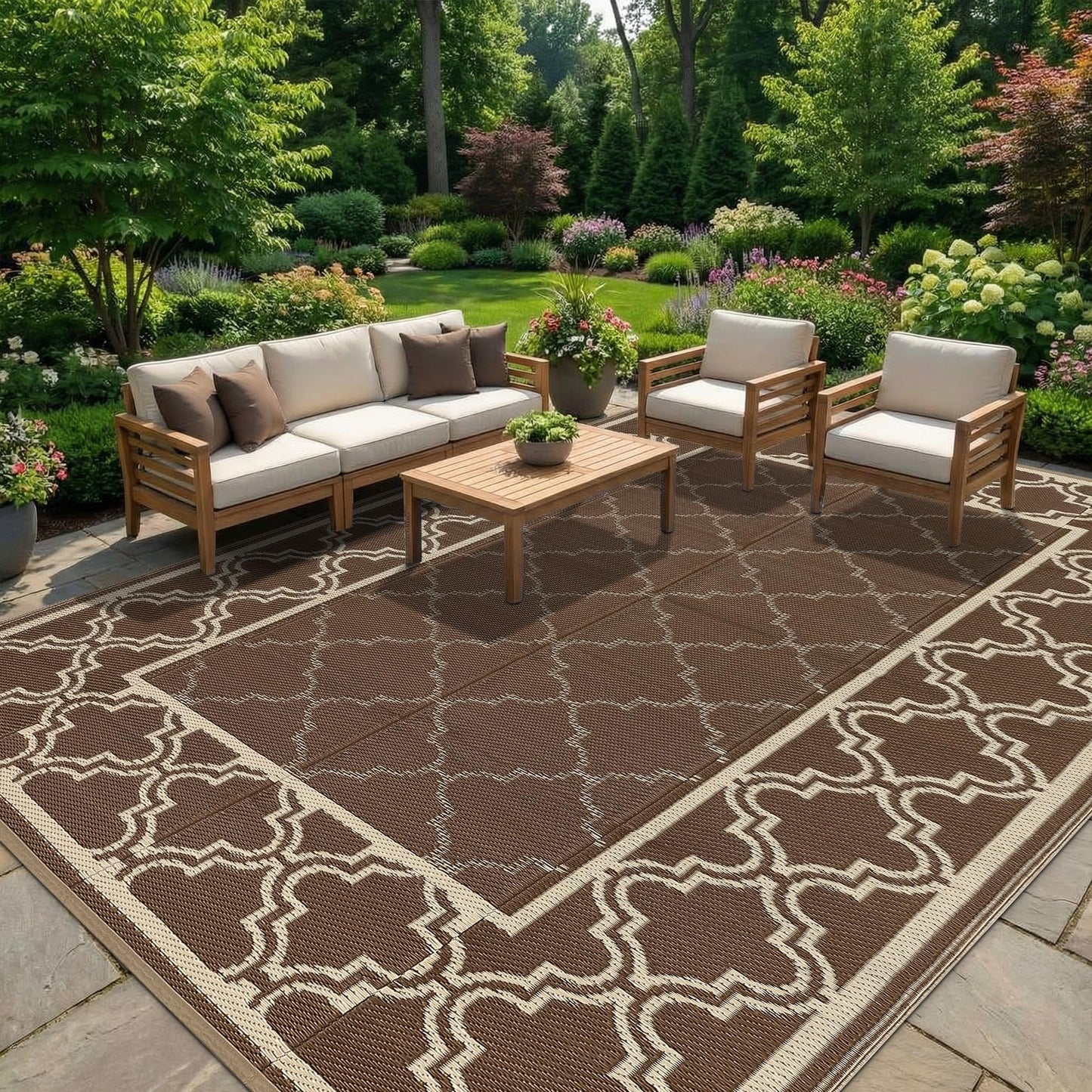 Garvee Reversible Outdoor Rug 5x8, Waterproof Outdoor Plastic Straw Rug with Interlacing Pattern, RV Mat for Picnics, Patio, Camping, Balcony, Deck, Backyard, Porch, Brown