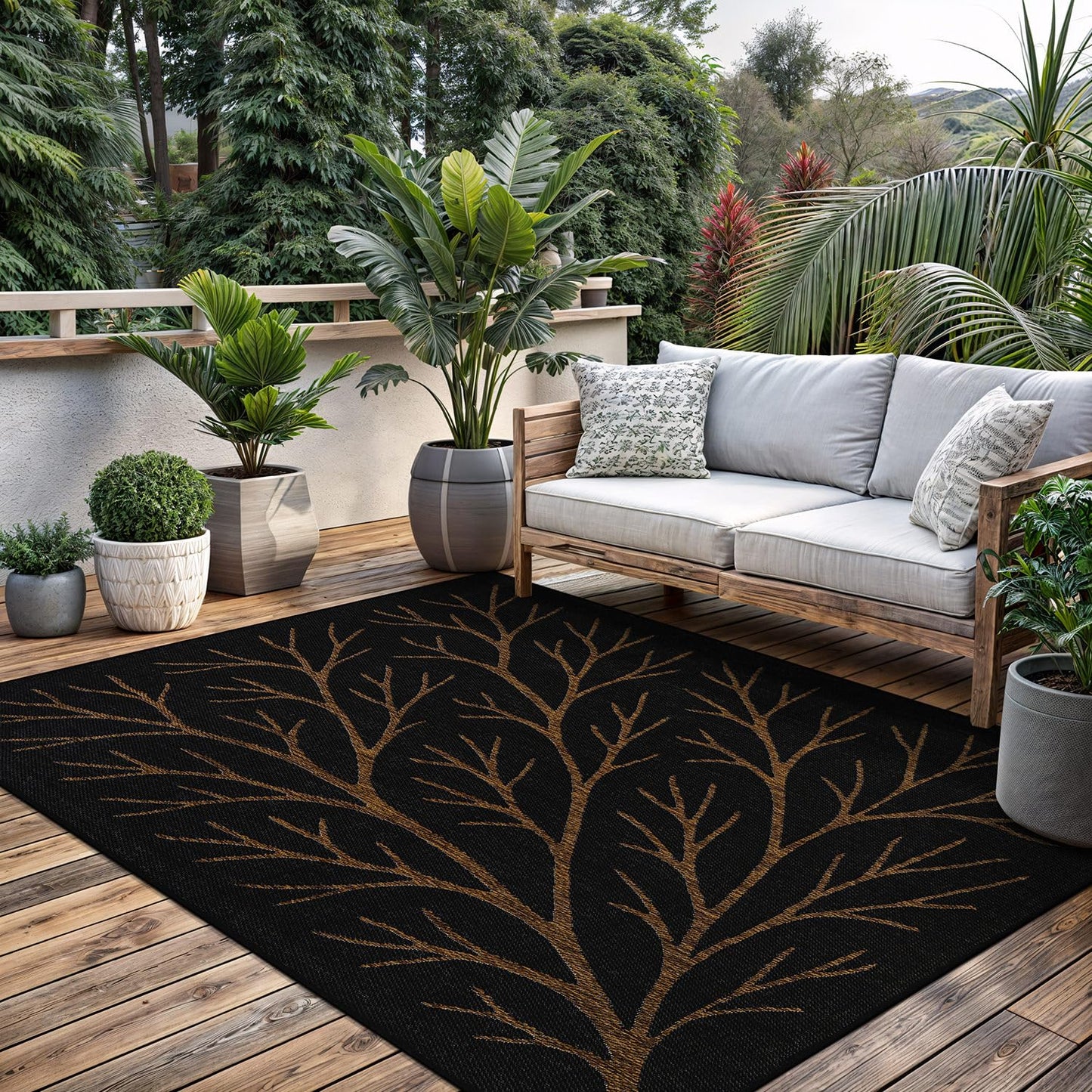 Washable Indoor Outdoor Rug 8x10 Modern Area Rugs Branch Pattern Non Shedding Waterproof Easy Clean Patio Deck Porch Living Room Bedroom Garden RV (8 X 10 Gold)