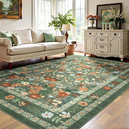 Deerly Green Floral Area Rug 5x7 Vintage Boho Washable Non-Slip Living Room Carpet Soft Low Pile Thin Bedroom Floor Mat Indoor Home Decor for Dining Room Playroom Nursery Farmhouse, Green/Multi