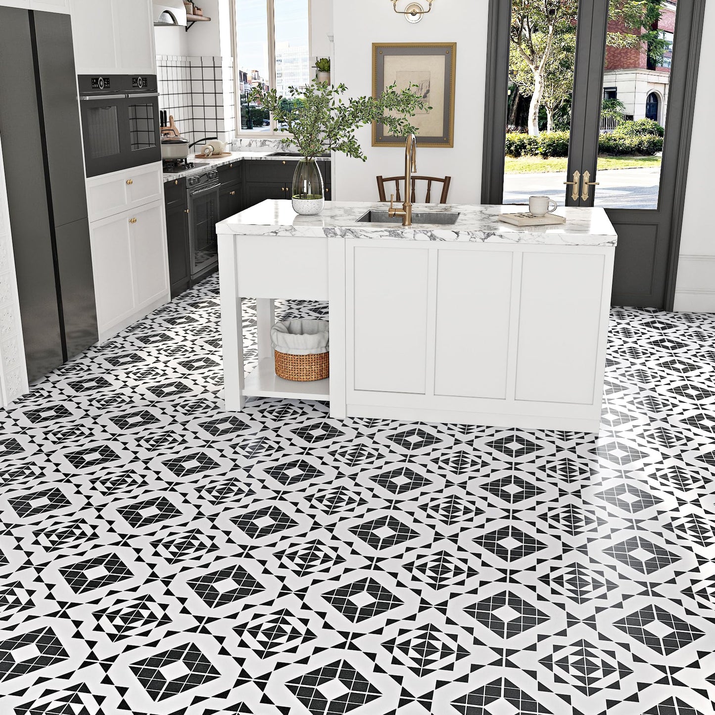 LaCheery Black and White Peel and Stick Floor Tile Bathroom Black and White Geometric Peel and Stick Floor Tiles Waterproof Laminate Linoleum Vinyl Sheet Flooring Roll for Kitchen Flooring PVC 12"x47"