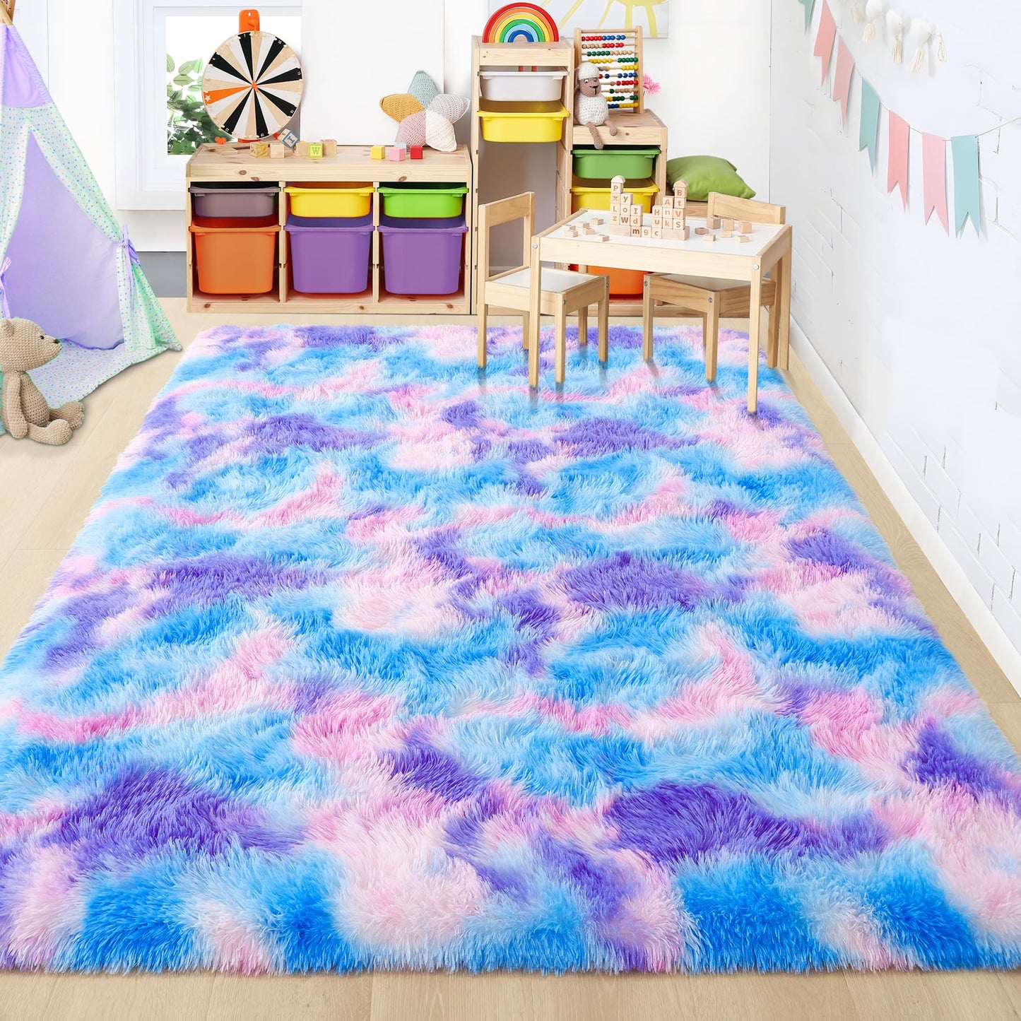 Foxmas Large Area Rugs for Living Room Bedroom 6x9 Feet, Fluffy Kids Room Plush Shaggy Nursery Rug Furry Throw Carpets for Boys Girls, College Dorm Fuzzy Rugs Home Decorate Rug, Rainbow Blue