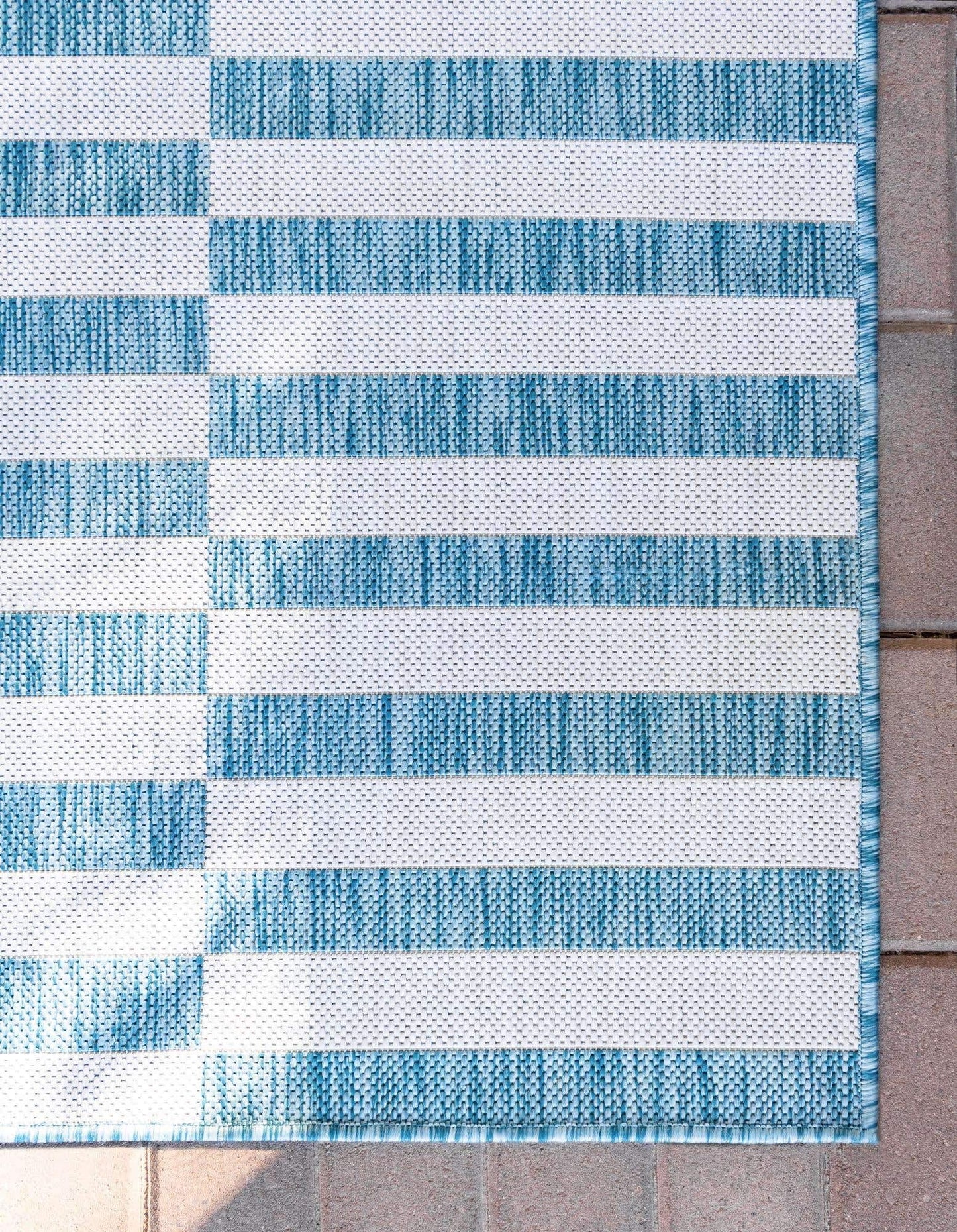 Unique Loom Outdoor Striped Collection Area Rug - Striped (2' x 6' 1" Runner, Light Aqua/Ivory)
