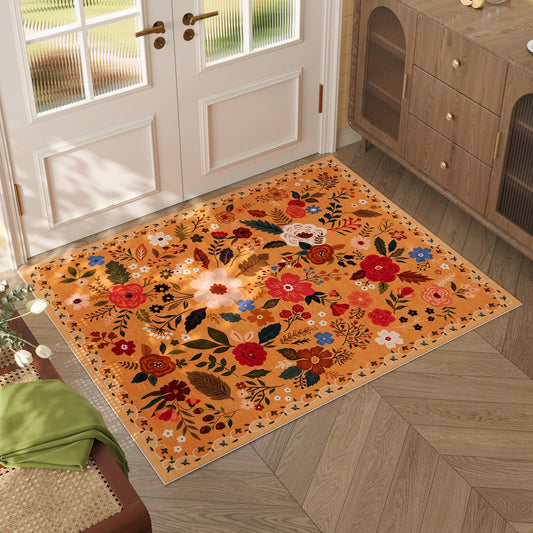 Rugcomf Door Mat Indoor Entrance 2x3 Rug Machine Washable Boho Floral Small Area Rug Non-Slip Low Pile Throw Rugs for Entryway, Kitchen, Front Door Indoor Entrance, Entry, Kids Room (Yellow)
