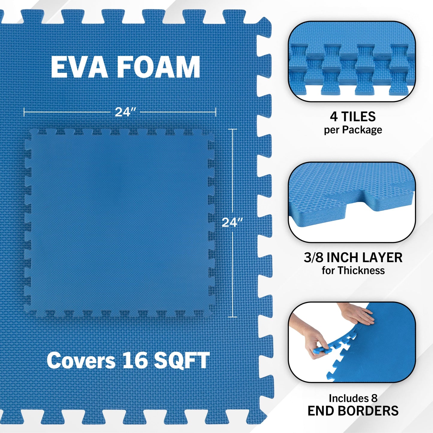 EVA Foam Mat Tiles 4-Pack - 16 SQ FT of Interlocking Padding for Garage, Playroom, or Gym Flooring - Exercise Mat or Baby Playmat by Stalwart (Blue)