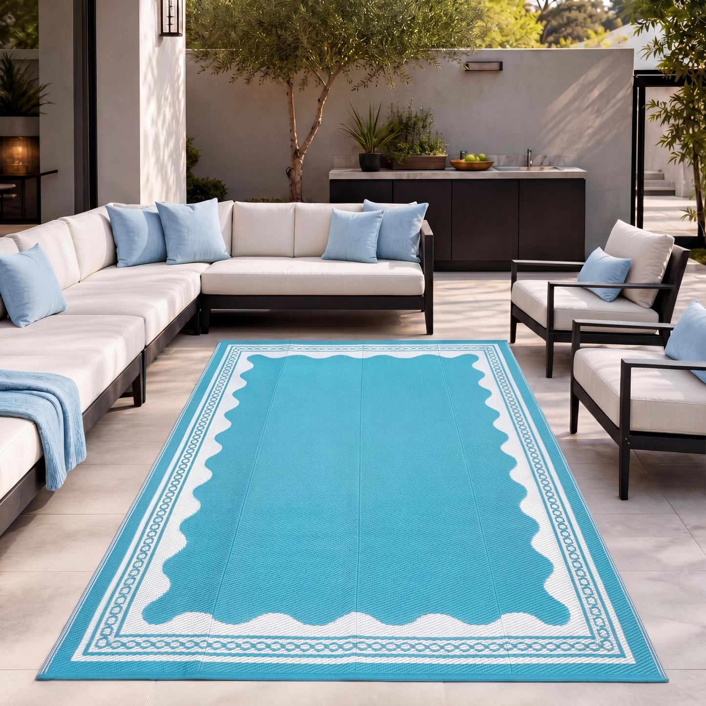 GarveeHome Outdoor Rug 8x10 Patio Waterproof, Reversible Plastic Straw Rugs for Camping, Picnic, Balcony, Porch, RV, Easy-Clean & Quick Dry Scalloped Pattern Large Indoor Outdoor Carpet, Light Blue