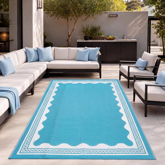GarveeHome Outdoor Rug 8x10 Patio Waterproof, Reversible Plastic Straw Rugs for Camping, Picnic, Balcony, Porch, RV, Easy-Clean & Quick Dry Scalloped Pattern Large Indoor Outdoor Carpet, Light Blue