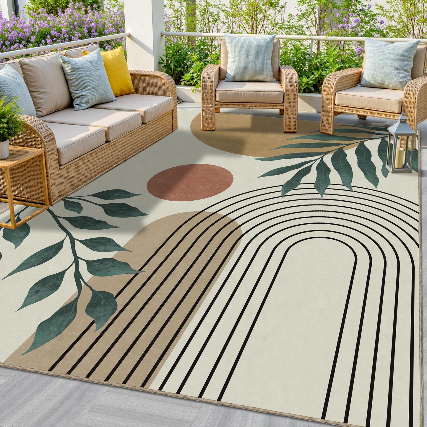 Indoor Outdoor Area Rug, Mid Century Sun Outdoor Patio Rug,Washable Abstract Art Leaves Eucalyptus Runway Rugs Non-Slip Carpet for Camping, Bedroom, Deck(5x8)