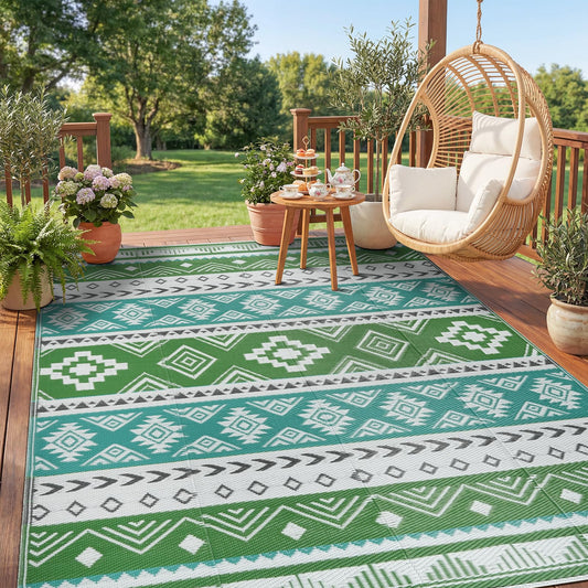 Outdoor Area Rug 6x9 Waterproof Patio Rug Reverisble Plastic Straw Outdoor Mat, Portable RV Mat Carpet for Deck, Camper, Porch, Balcony, Backyard, Picnic, Blue