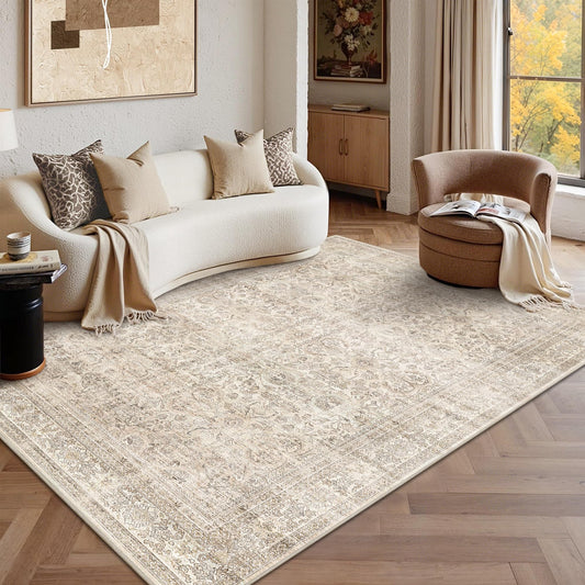 Schweek 5x7 Washable Area Rug Vintage Neutral Beige Nature Rug for Living Room Non Slip Low Pile Floral Carpet Throw Rugs for Bedroom Dining Room Office Soft Distressed Retro Indoor Mat
