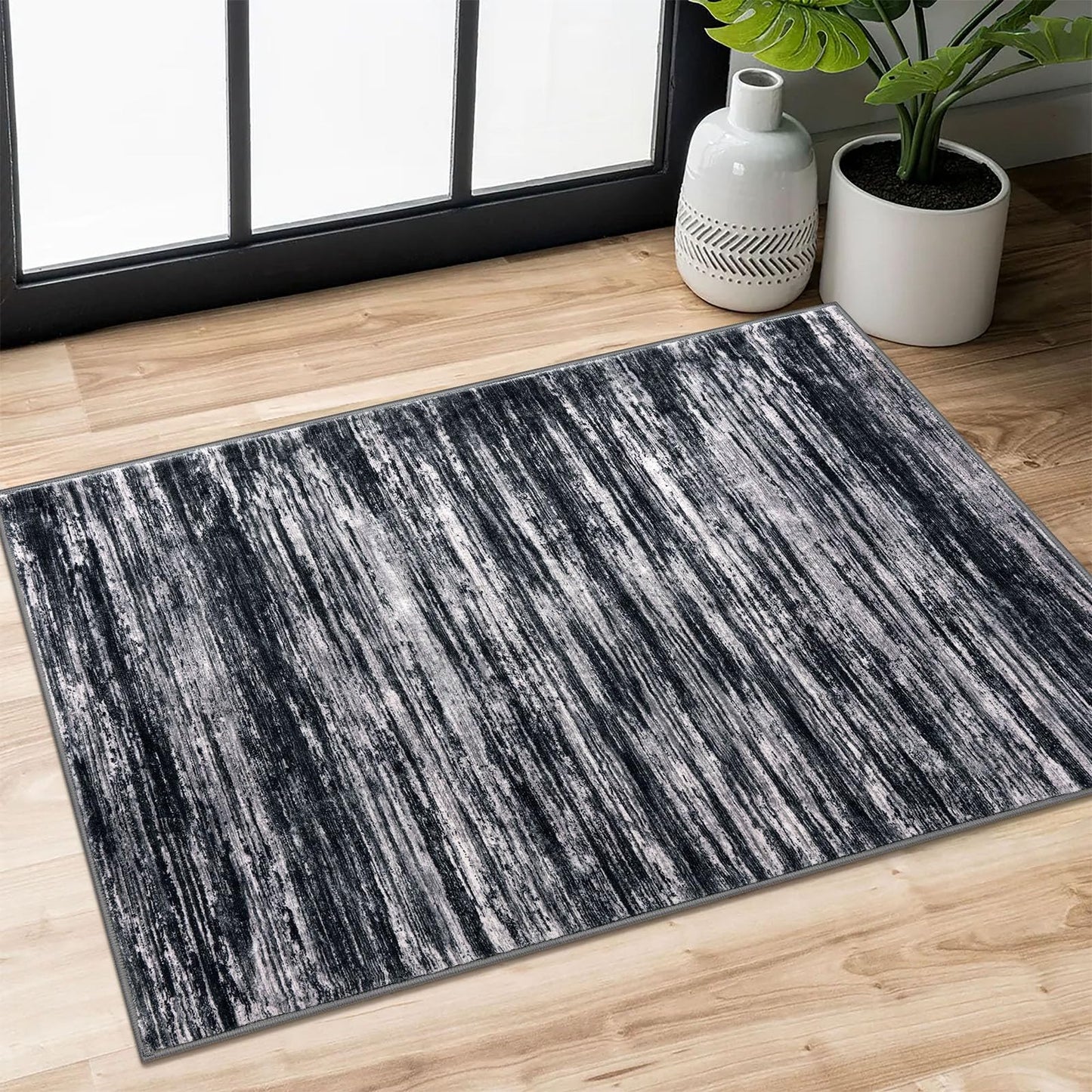 SIILOOM 2x3 Modern Abstract Rug for Entryway, Black Super Soft Small Area Rug, Washable Slip-Resistant Kitchen Rugs, Low-Pile Mat Carpet for Bedside, Indoor Door Mat