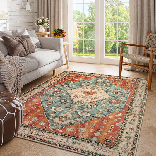 Lahome Felice Boho Tribal 4x6 Washable Rugs for Bedroom, Soft Non-Slip Area Rugs for Living Room, Vintage Oriental Indoor Accent Kitchen Carpet for Dining Room Nursery Camper (Rust/Dull Teal,4x6ft)