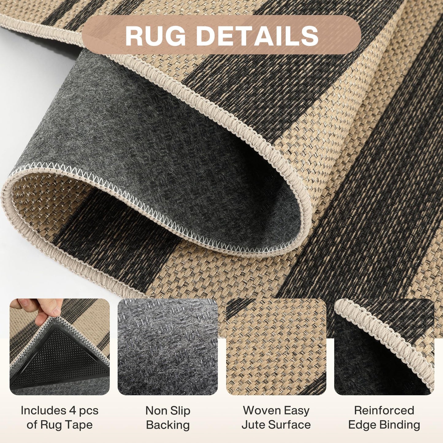Tribesigns Striped Easy Jute 2.5'x8' Hallway Runner Rug Non Slip, Black Outdoor Kitchen Runner Rugs Non-Skid Washable, Farmhouse Modern Indoor Carpet for Entryway Porch, Oeko-Tex Certified