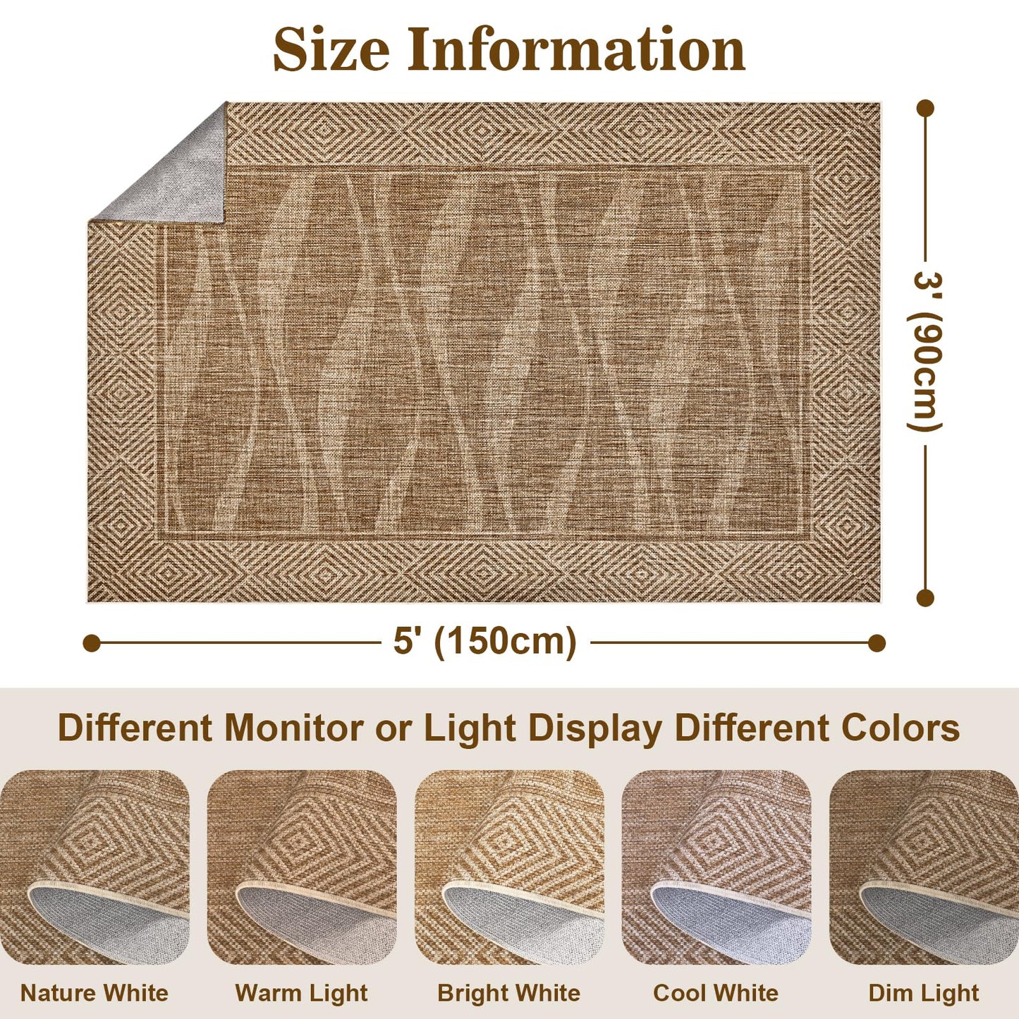 Jute Rug 3x5 Outdoor Patio Rug with Border, Washable Rugs for Entryway Porch, Farmhouse Non Slip Area Rugs with Rubber Backing, Non Shedding Carpet for Indoor Outdoor Bedroom, Courtyard, Light Brown