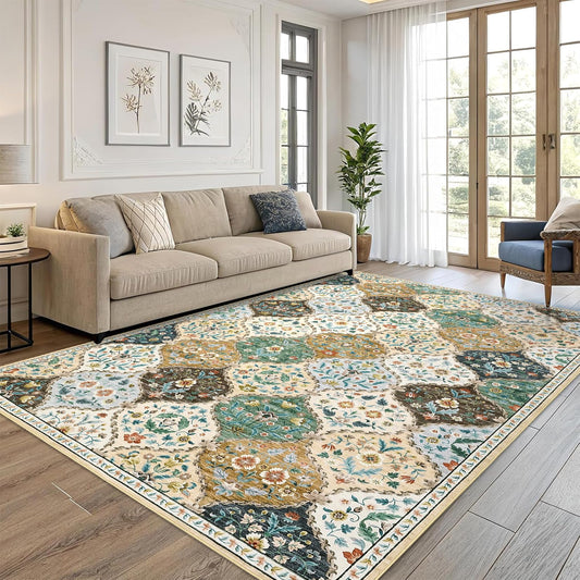 ROYHOME Area Rug - 5x7 Moroccan Trellis Machine Washable Rug Vintage Distressed Floral Carpet Stain Resistant Non-Slip Accent Rug Farmhouse Floor Cover for Dining Bedroom Decor, Beige/Taupe