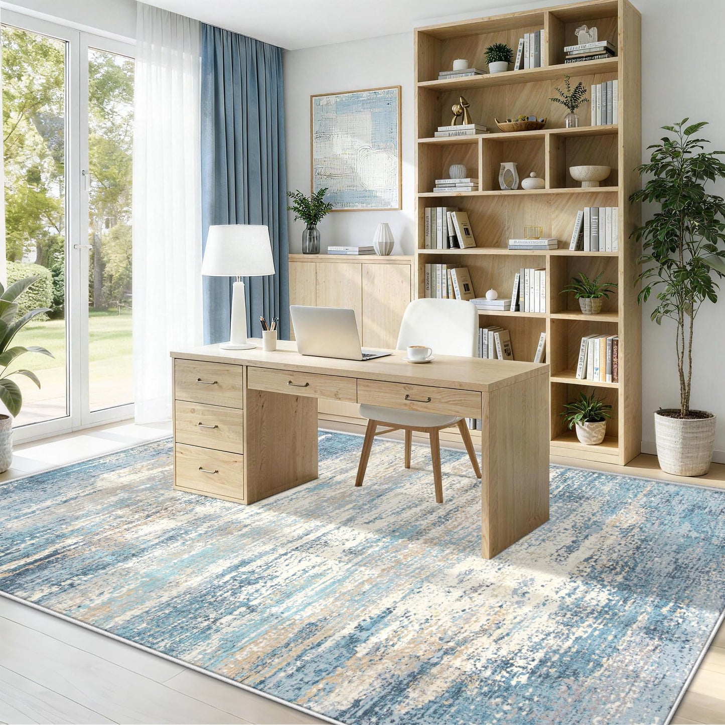 5x7 Area Rugs for Living Room: Washable Modern Abstract Rug Neutral Non-Slip Soft Low-Pile Indoor Carpet for Bedroom Nursery Dining Room Home Office (Blue Grey, 5'x7')