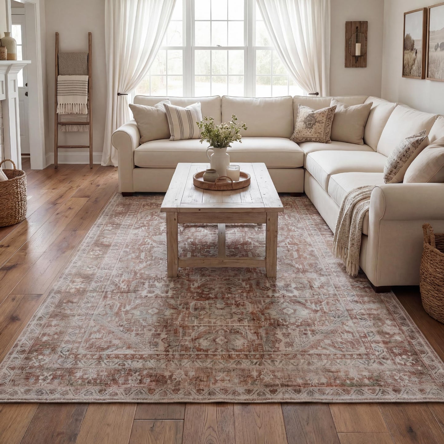 Kuden 4x6 Area Rug, Machine Washable Area Rug with Non-Slip Backing, Vintage Style, Soft, Easy Clean, Low Pile Rug for Living Room, Bedroom, Dining Room