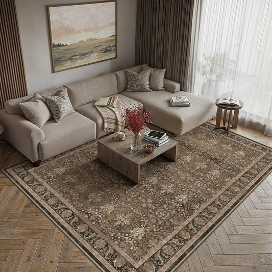 HUGEAR Brown 6x9 Washable Area Rugs for Living Room Bedroom Distressed Vintage Rug Throw Carpet Non-Shedding & Non-Slip Low Pile for Dining Room Kitchen Home Decor