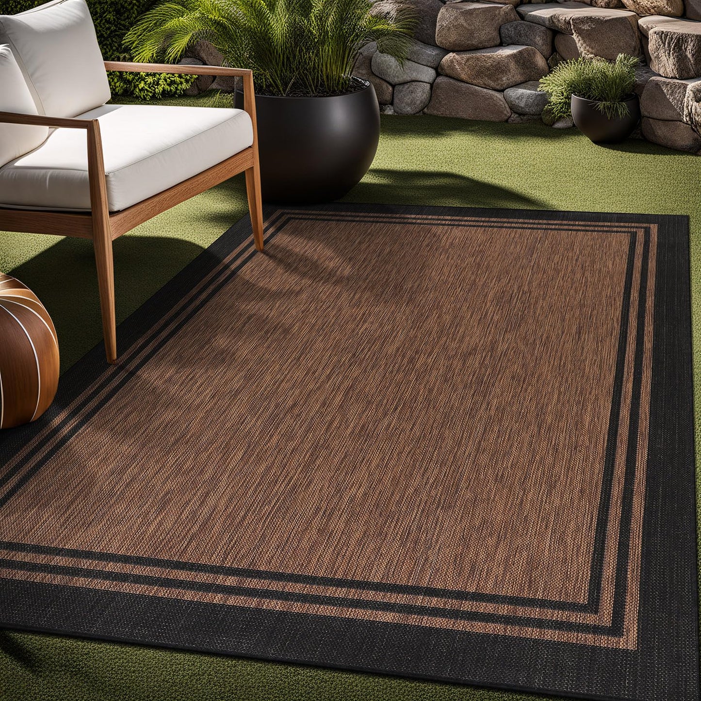 Luul Home Bordered Outdoor Rug 8x10 Washable Outside Carpet for Indoor Patio Porch Waterproof Easy Cleaning Non Shedding Area Rugs Nut Brown 8 x 10