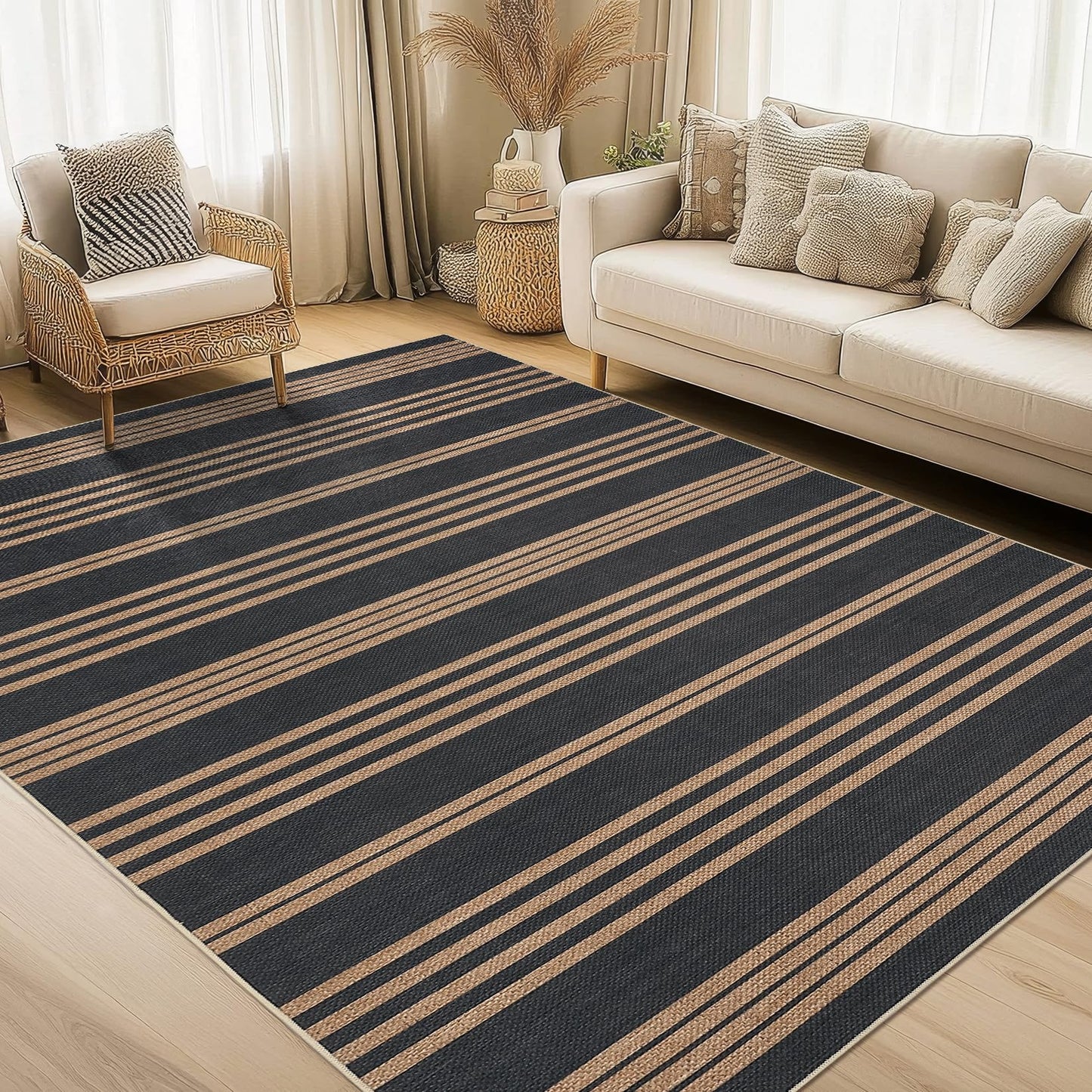 GAOMON 8x10 Outdoor Rug for Patio Easy Jute Rug for Living Room Classroom Office Modern Striped Bedroom Rugs Stain Resistant Indoor Outdoor Area Rug for Dining Room Balcony Black and Brown