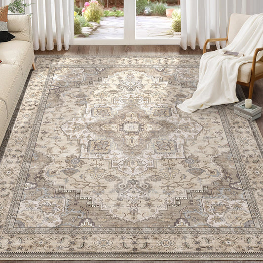 EIEIHOUSE Washable Area Rugs for Living Room - 9x12 Neutral Vintage Distressed Floral Farmhouse Boho Large Soft Floor Rug Indoor Non Slip Carpet for Bedroom Dining Room Office - Brown/Multi