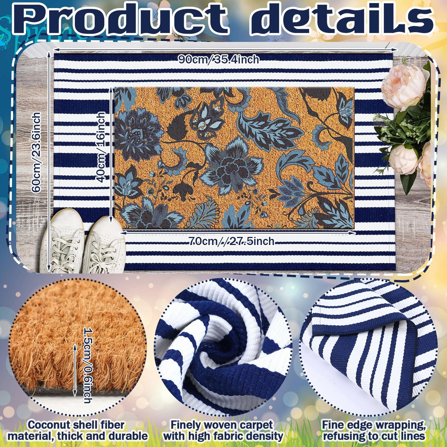 Moucuny 2 Pcs Navy Blue Coir Doormat Outdoor Navy Blue and White Checked Rug Doormats Indoor Outdoor Rugs for Layered Front Door Mats, Porch, Kitchen, Farmhouse, Entryway