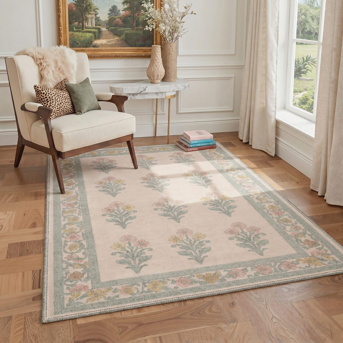 Bavni 5X7 Area Rugs for Living Room Machine Washable, Non Slip Low Pile Soft Modern Botanical Rugs, Floral Sprigs Carpet for Bedroom Dining Room, Home Office, Dusty Sage