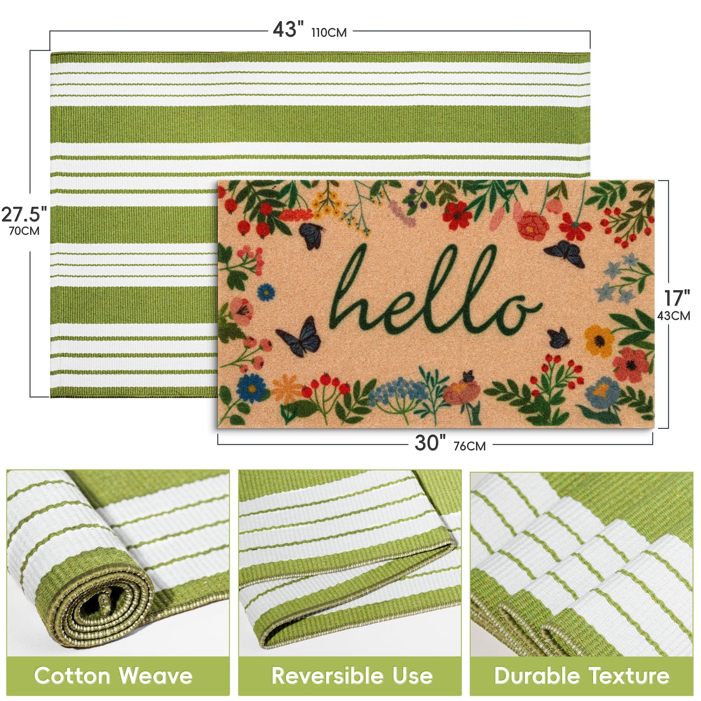 TIKIRUGI Front Door Mat Set, 2-Piece Spring Floral Hello Welcome Doormat