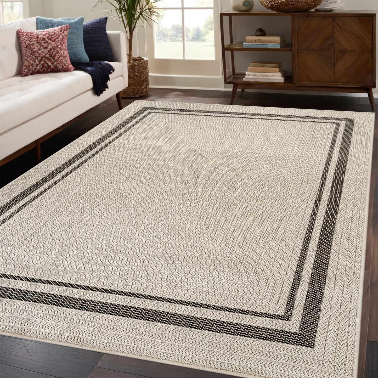 Beverly Rug Easy Jute Bordered Rug 10x14 Washable Large Indoor Outdoor Area Rugs for Living Dining Room Patio Office Stain Resistant Non Shedding Casual Indoor Outside Carpet 10 x 14 Off-White