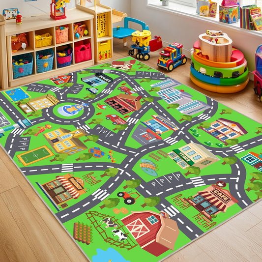 Kids Room Rug - Soft & Non-Slip 4x5 Ft Town Car Rugs City Map Play Mat, Childrens Road Carpet Washable Playmat for Classroom Nursery Bedroom Boys