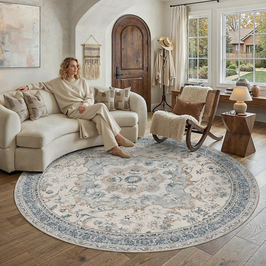 PureCozy Blue 6x6 Round Rug for Living Room Vintage Machine Washable Large Rugs Non-Slip Soft Low Pile Carpet Floral Stain Resistant Indoor Office Throw Rug for Bedroom Dining Room Nursery