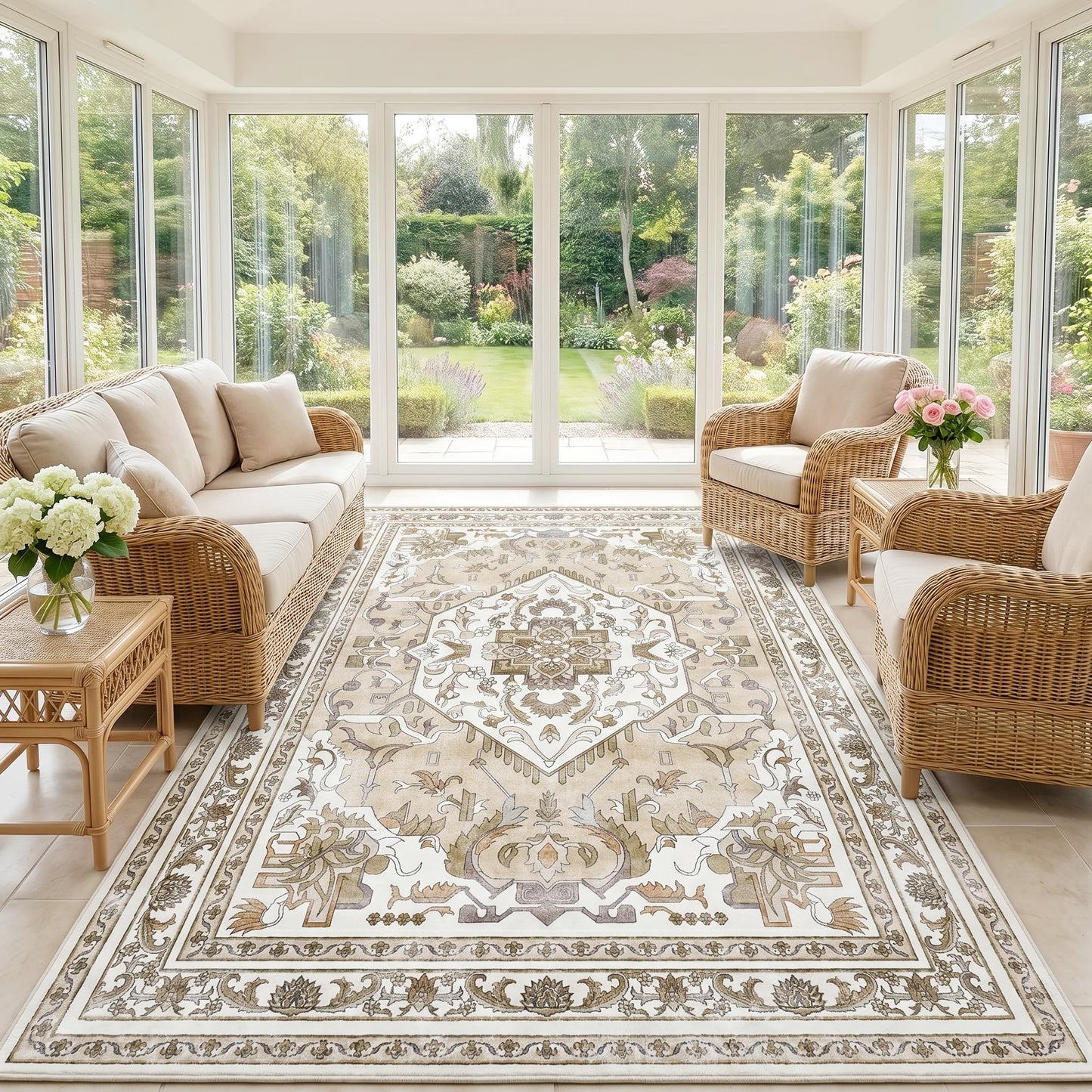 Cnythlis Large Washable Area Rug 8'x10' for Living Room, Water-Resistant, Non Slip Distressed Traditional Medallion Style Rug for Bedroom, 0.26" Low Pile, Pet Friendly Soft Faux Wool, Beige & Ivory