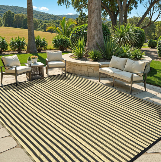 LEEVAN Waterproof Outdoor Rug 8x10 Black and Brown Patio Rug Clearance Large Plastic Straw Backyard Area Rug Striped Camping Outside Mat for Picnic, RV, Deck, Bench, Balcony