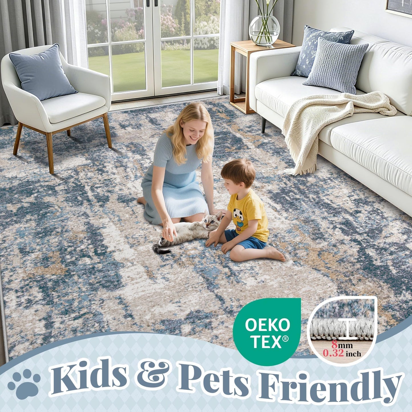 8x10 Area Rugs for Living Room: Washable Abstract Rug Modern Neutral Soft Large Indoor Rugs Non Slip Low Pile Carpet for Bedroom Dining Room Office Children's Room(Blue Brown, 8'x10')
