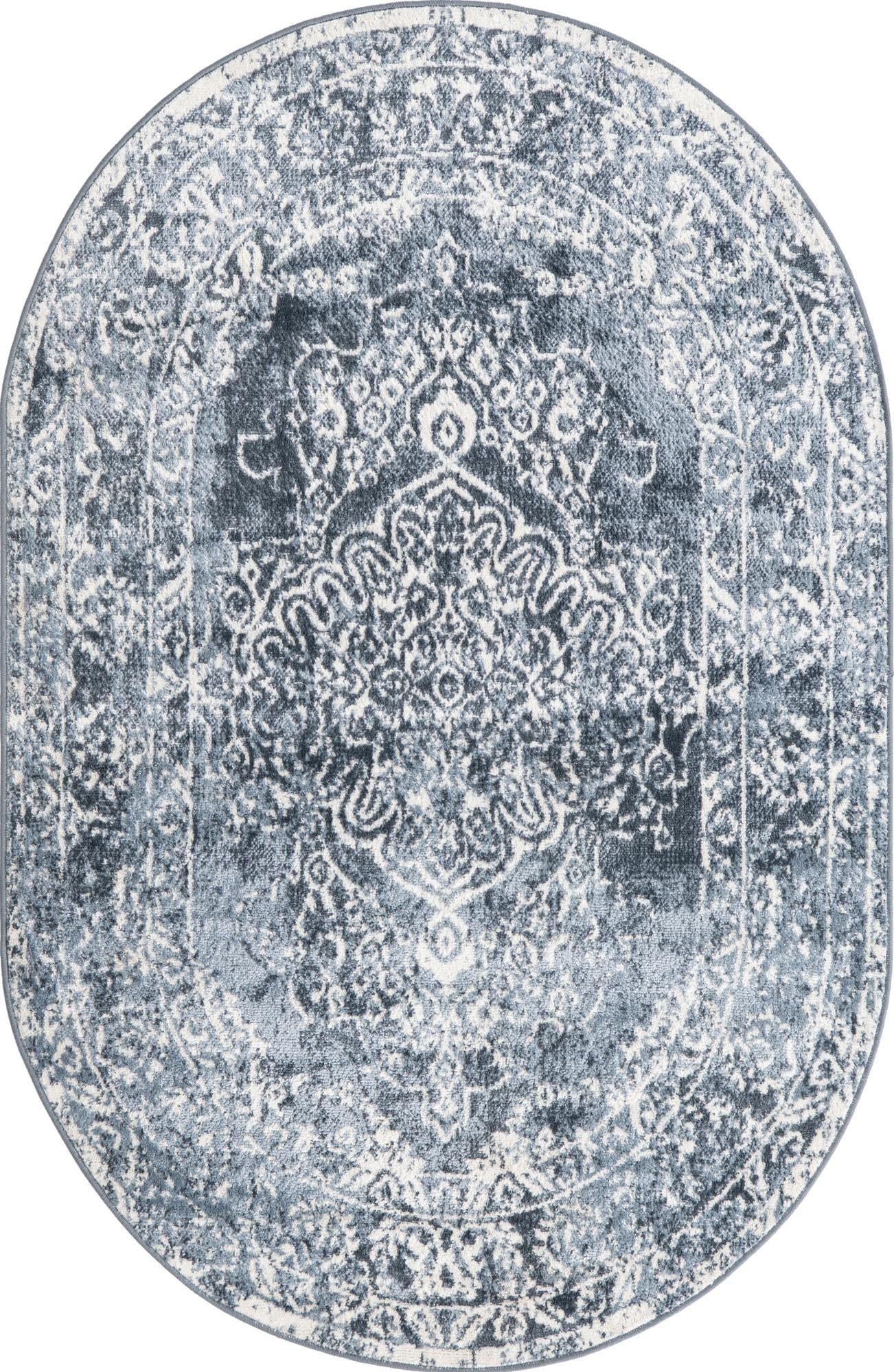 Unique Loom Oxford Collection Area Rug - Bodleian (4' 1" x 6' 1" Oval, Blue/ Ivory)